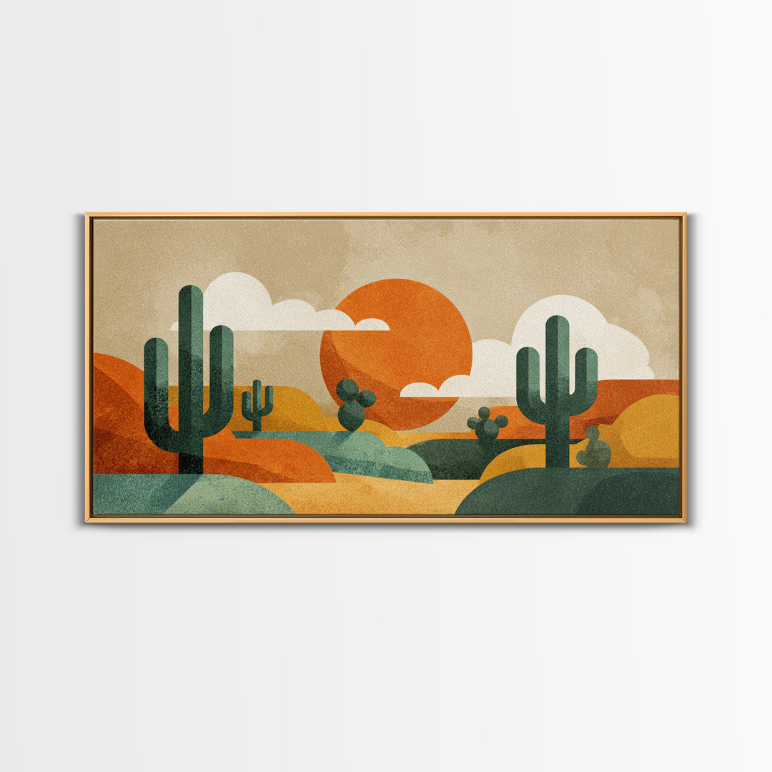 Abstract Cactus Desert Sun Wall Art, Midcentury Modern Print, Retro Orange Southwestern Decor, Geometric Landscape Poster