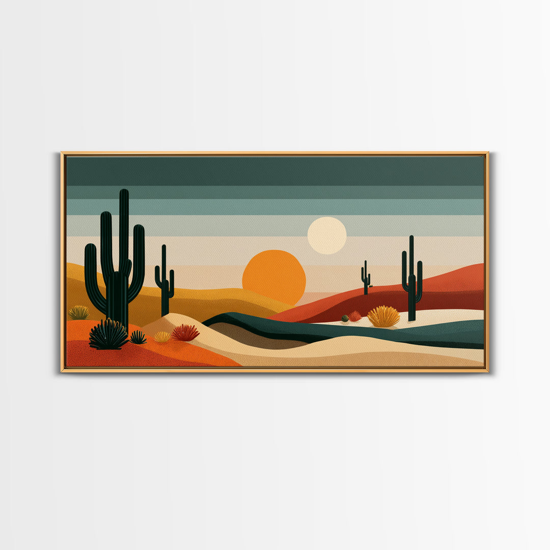 Modern Cactus Dunes Canvas Print, Midcentury Desert Wall Art, Southwestern Landscape Poster, Orange Sun Home Office Decor