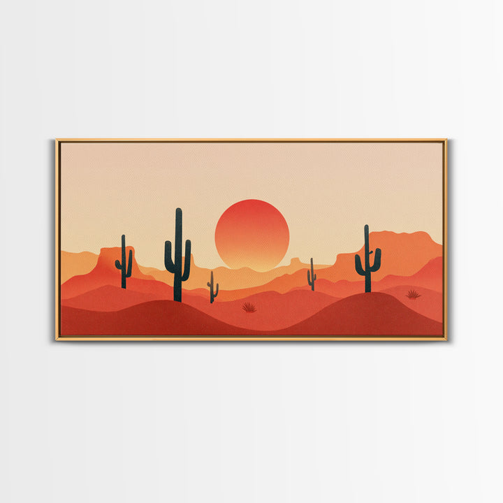Red Desert Mesas And Cactus Wall Art, Midcentury Modern Sunset Print, Southwestern Landscape Poster, Warm Orange Decor Gift