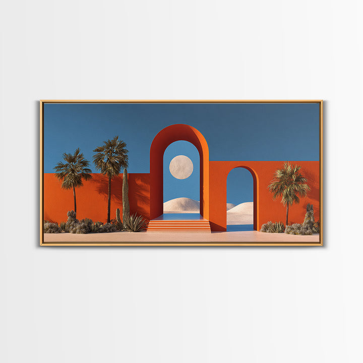 Orange Desert Portal With Moon Palms And White Dunes Wall Art, Midcentury Modern Southwest Decor, Palm Springs Landscape Print