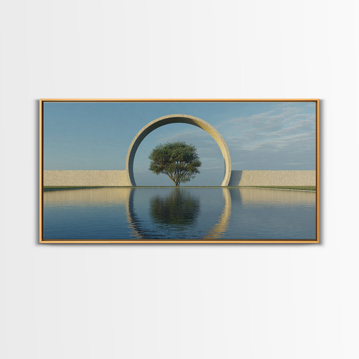 Circular Arch Tree Reflection Wall Art, Modern Landscape Print, Serene Water Decor, Minimalist Nature Art For Living Room