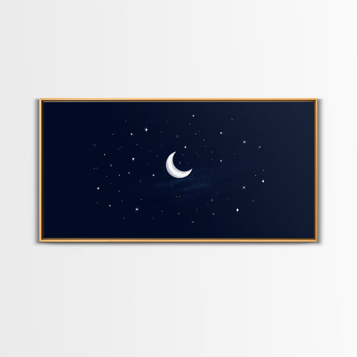 White Crescent Moon And Stars Wall Art, Dreamy Navy Celestial Night Sky Print, Minimalist Space Decor For Bedroom Or Nursery