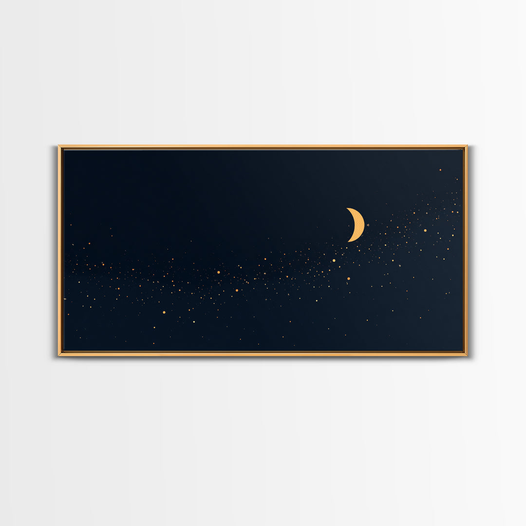 Golden Crescent Moon And Stars Wall Art, Mystical Dark Navy Celestial Print, Boho Night Sky Decor For Bedroom, Nursery, Gallery