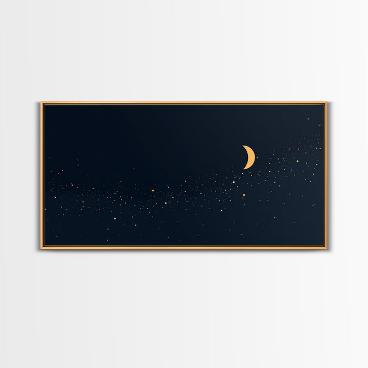 Golden Crescent Moon And Stars Wall Art, Mystical Dark Navy Celestial Print, Boho Night Sky Decor For Bedroom, Nursery, Gallery