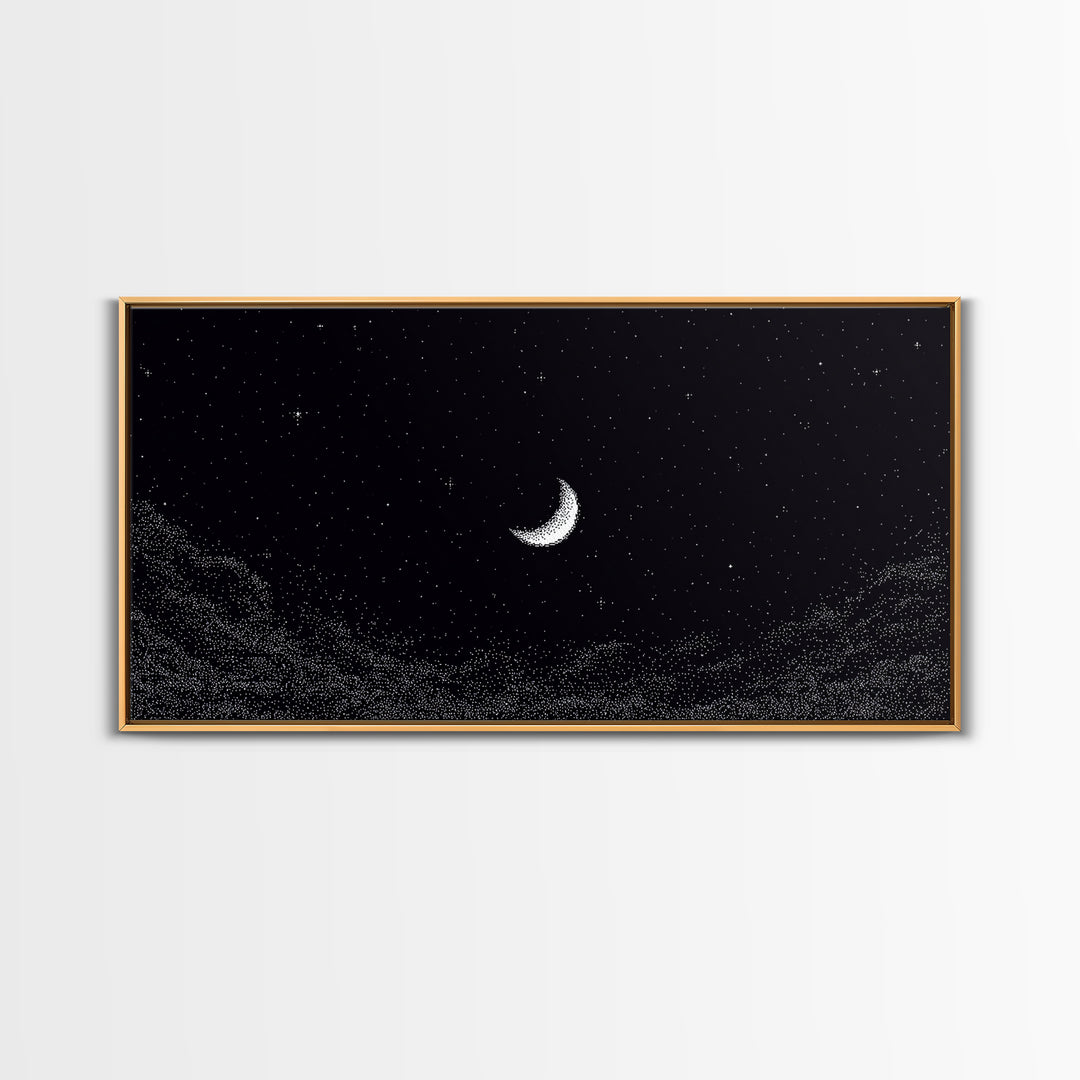 Black And White Crescent Moon Wall Art, Minimal Starry Night Sky Print, Celestial Space Decor For Bedroom Or Meditation Room
