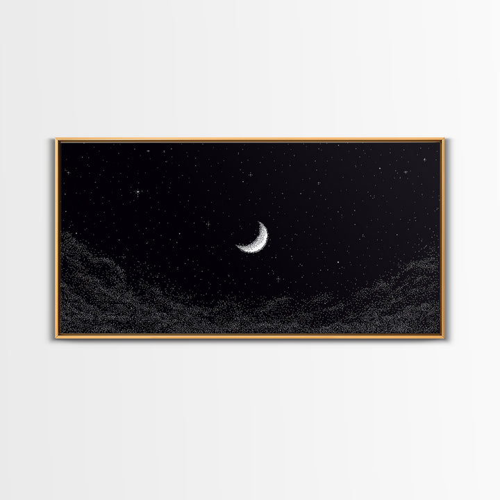 Black And White Crescent Moon Wall Art, Minimal Starry Night Sky Print, Celestial Space Decor For Bedroom Or Meditation Room