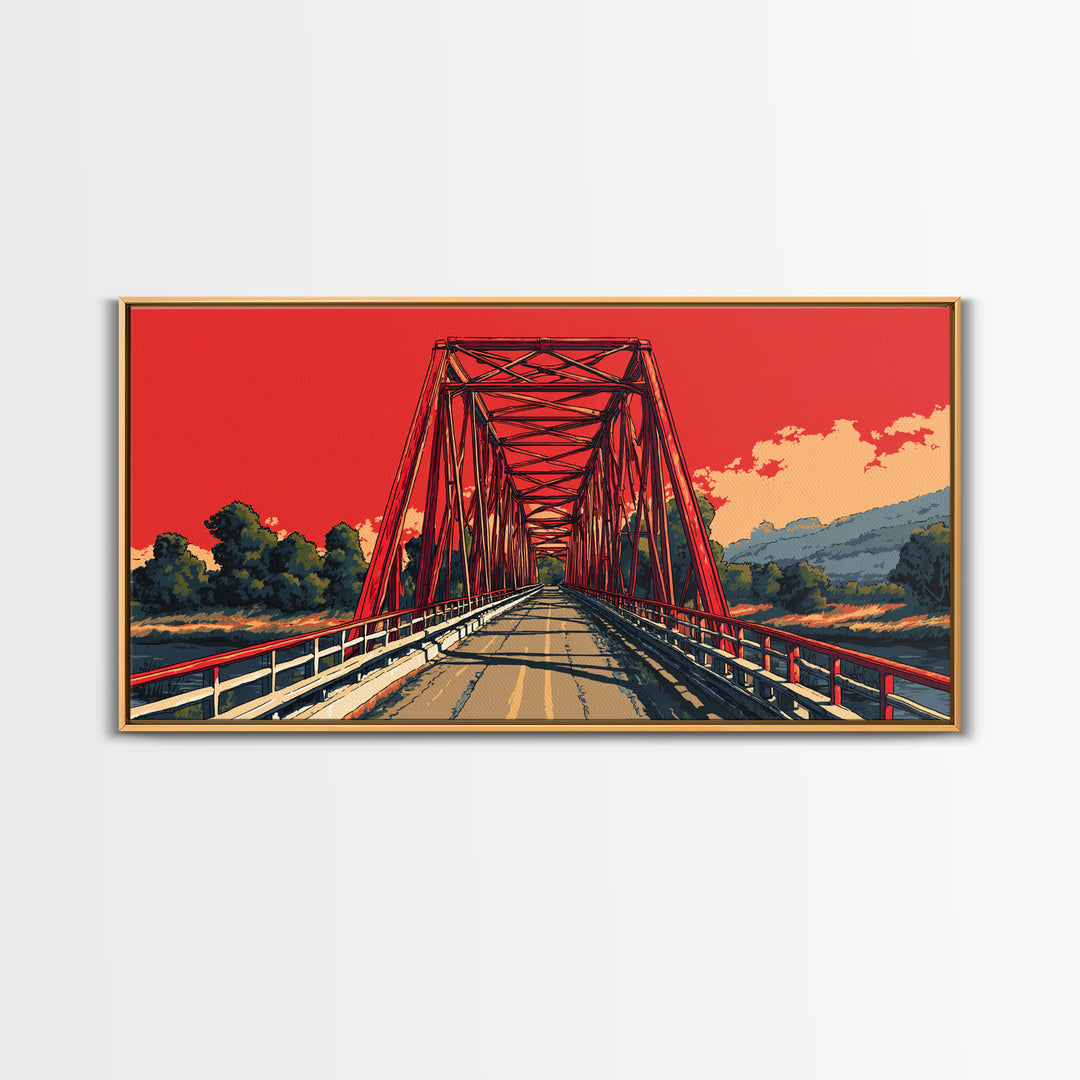 Red Steel Bridge At Sunset Wall Art, Retro Travel Poster Print, Bold Landscape Decor, Scenic Road Art For Office Or Man Cave