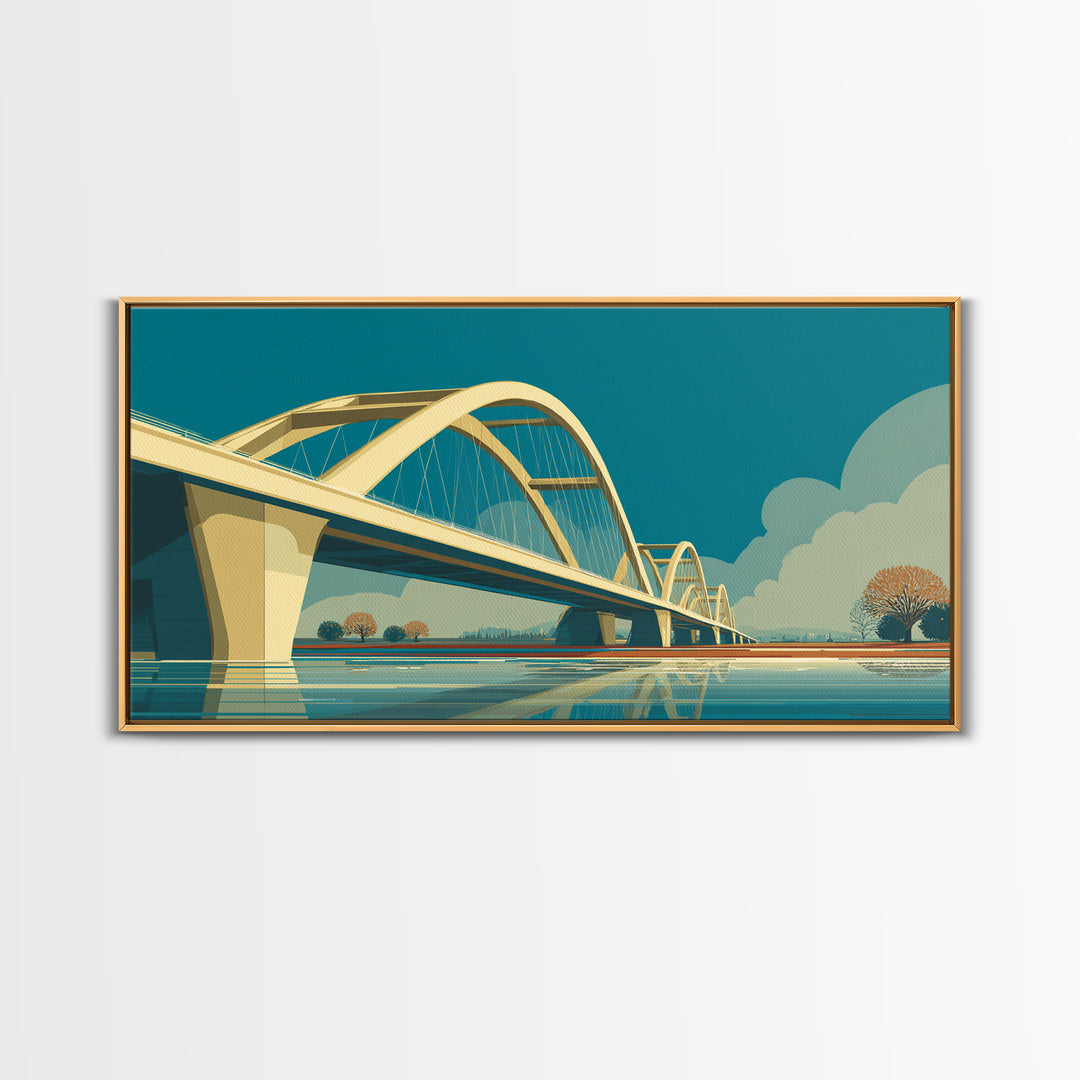 Modern Arched Bridge Reflection Canvas Print, Midcentury Landscape Wall Art, Architectural Calm Water Decor For Living Room