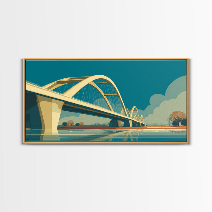 Modern Arched Bridge Reflection Canvas Print, Midcentury Landscape Wall Art, Architectural Calm Water Decor For Living Room