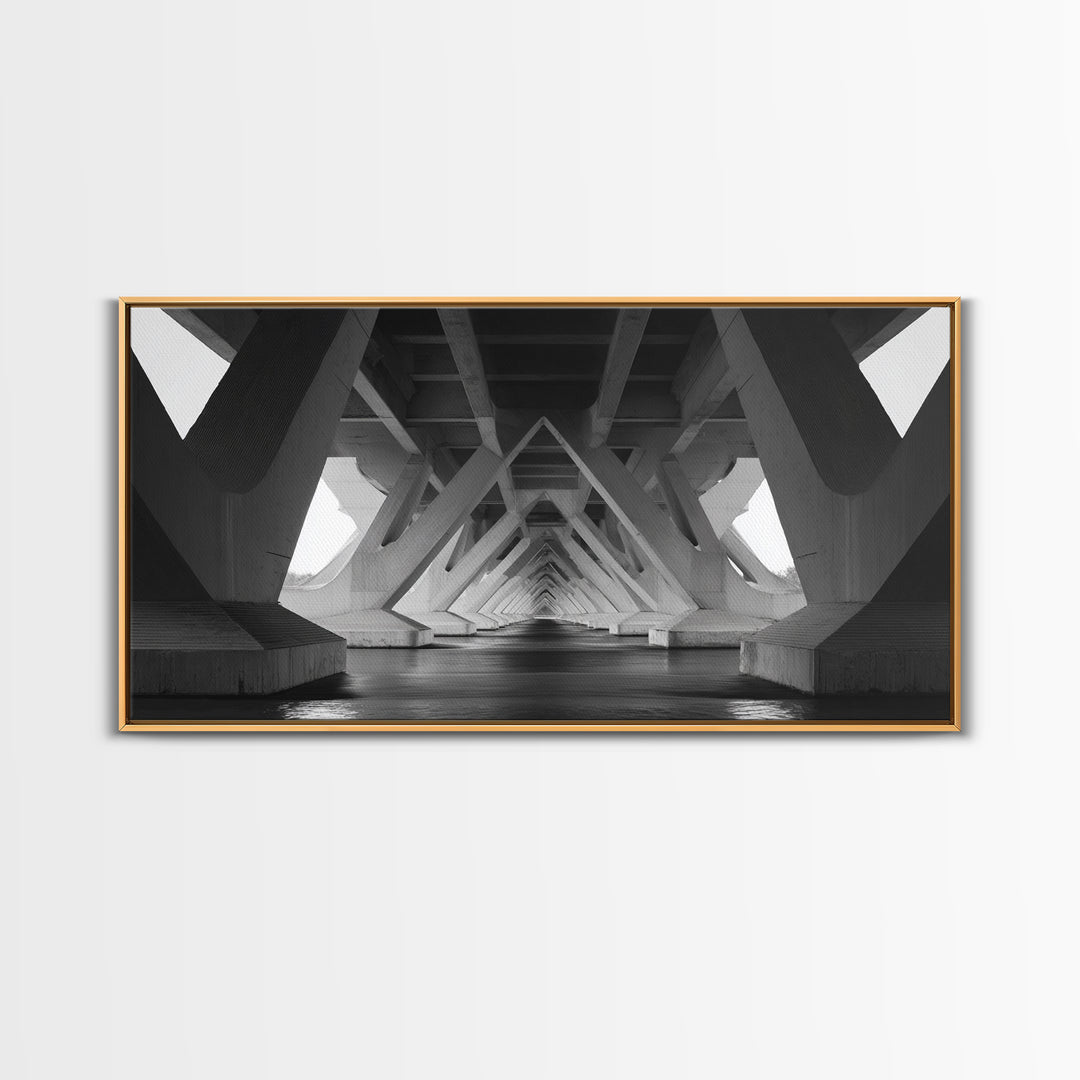 Black And White Bridge Underside Canvas Print, Architectural Art, Geometric Perspective, Modern Wall Decor For Office Study