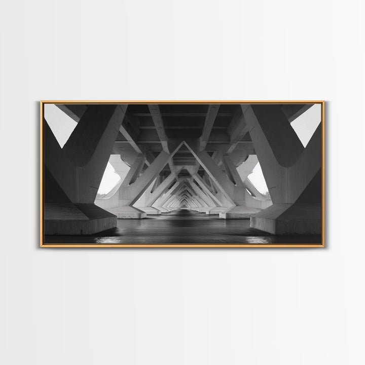 Black And White Bridge Underside Canvas Print, Architectural Art, Geometric Perspective, Modern Wall Decor For Office Study