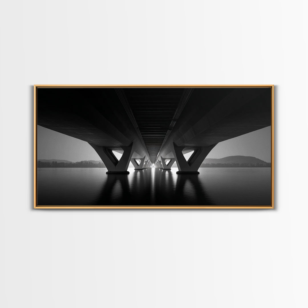 Moody Bridge Underpass Wall Art, Black And White Architectural Photography Print, Geometric Lines, Masculine Office Decor