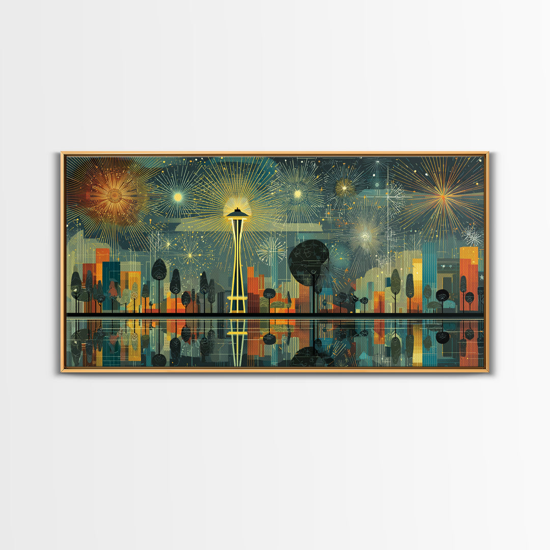 Seattle Space Needle Fireworks Wall Art, Midcentury Modern Cityscape Print, Retro Skyline Poster, Living Room Office Decor
