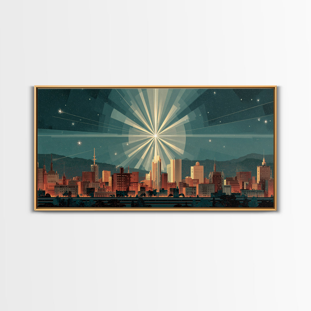 Art Deco City Skyline Wall Art, Geometric Sunburst Night Print, Midcentury Modern Poster, Teal Neutral Living Room Office Decor