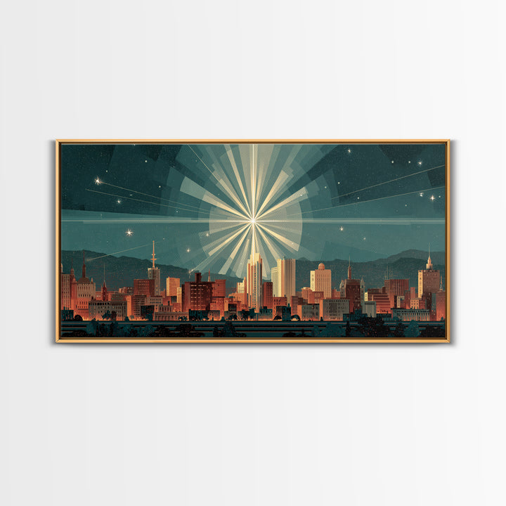 Art Deco City Skyline Wall Art, Geometric Sunburst Night Print, Midcentury Modern Poster, Teal Neutral Living Room Office Decor