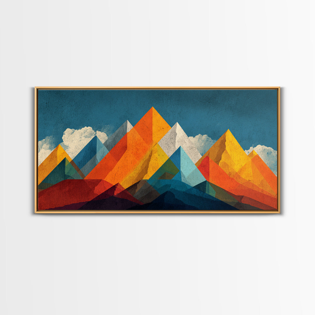 Orange Blue Geometric Mountain Wall Art, Abstract Desert Landscape Print, Midcentury Modern Poster, Bold Home Office Decor