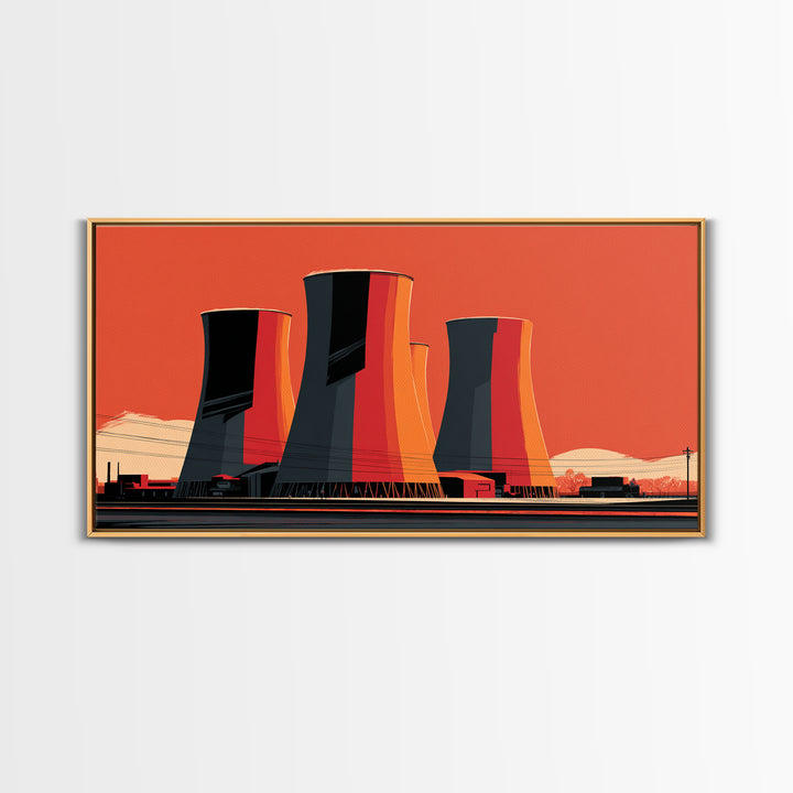 Orange Industrial Cooling Towers Wall Art, Retro Modern Power Plant Poster, Bold MCM Architecture Print, Office Wall Decor