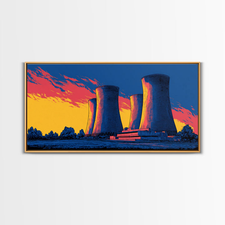 Pop Art Cooling Towers Canvas Print, Neon Sunset Industrial Landscape, Retro Modern Wall Art, Bold MCM Man Cave Office Decor