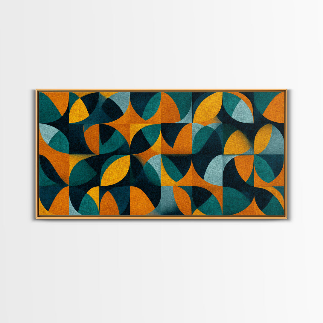 Teal And Ochre Petal Geometry With Circles Framed Canvas Print, Midcentury Modern Wall Art, Atomic Retro Pattern Decor Poster