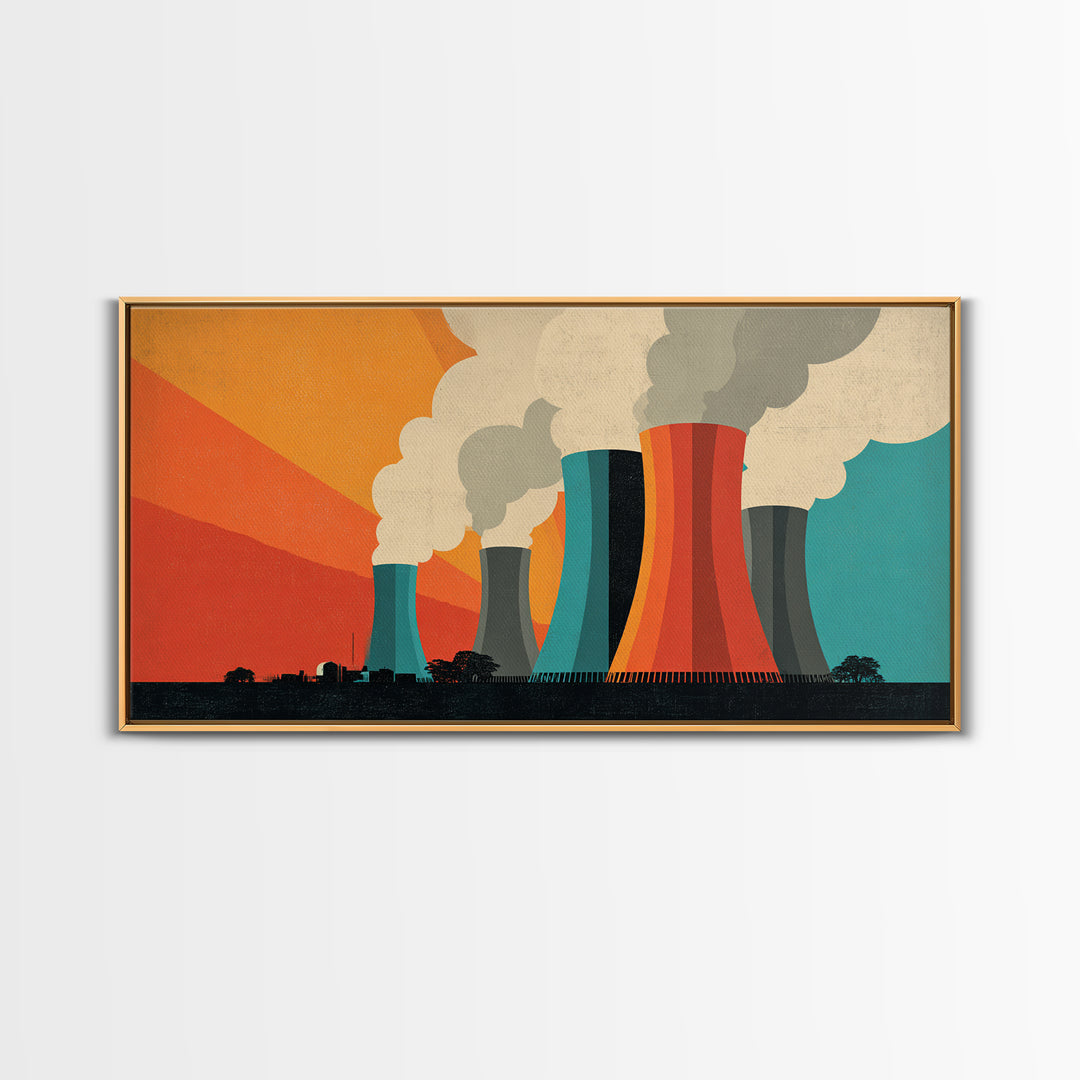 Retro Smokestack Power Plant Canvas Print, Midcentury Modern Industrial Wall Art, Orange Teal Factory Poster, Bold Decor