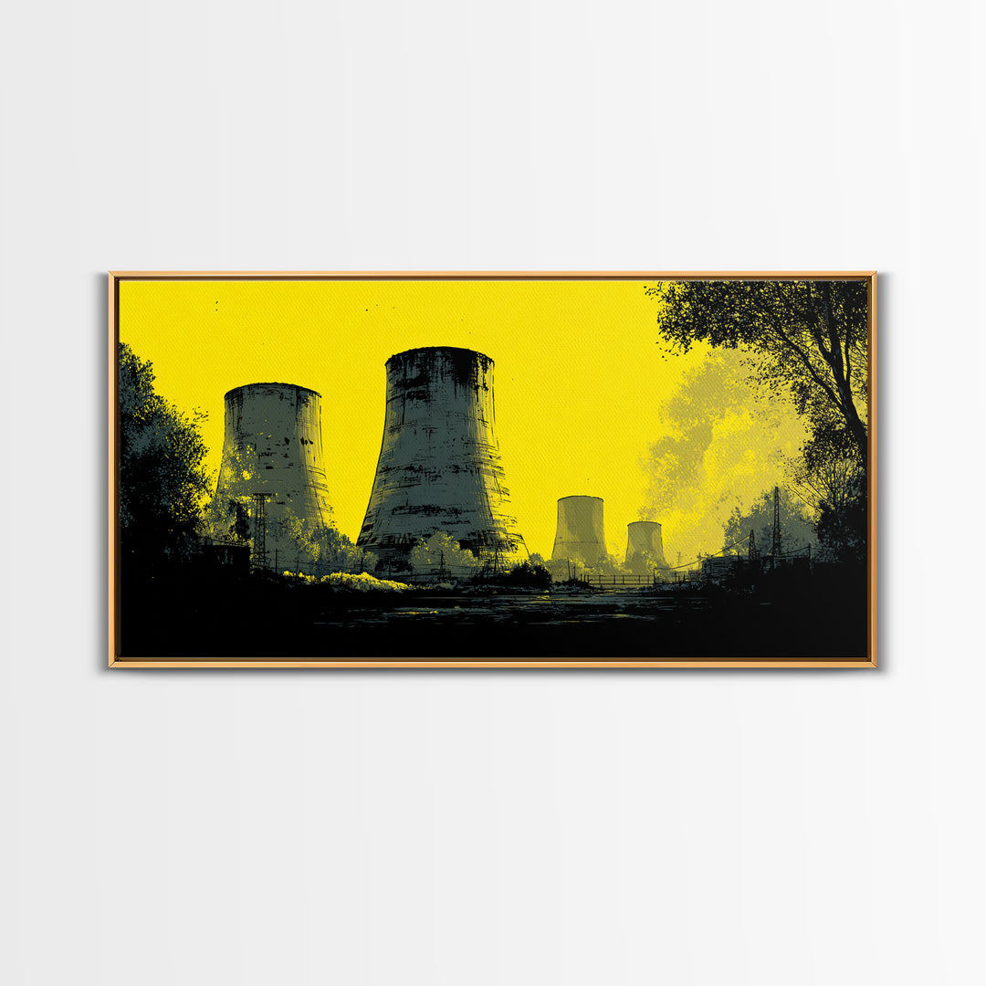 Yellow Nuclear Cooling Towers Wall Art, Industrial Landscape Print, Retro Sci Fi Poster, Modern Wall Decor, Statement Artwork