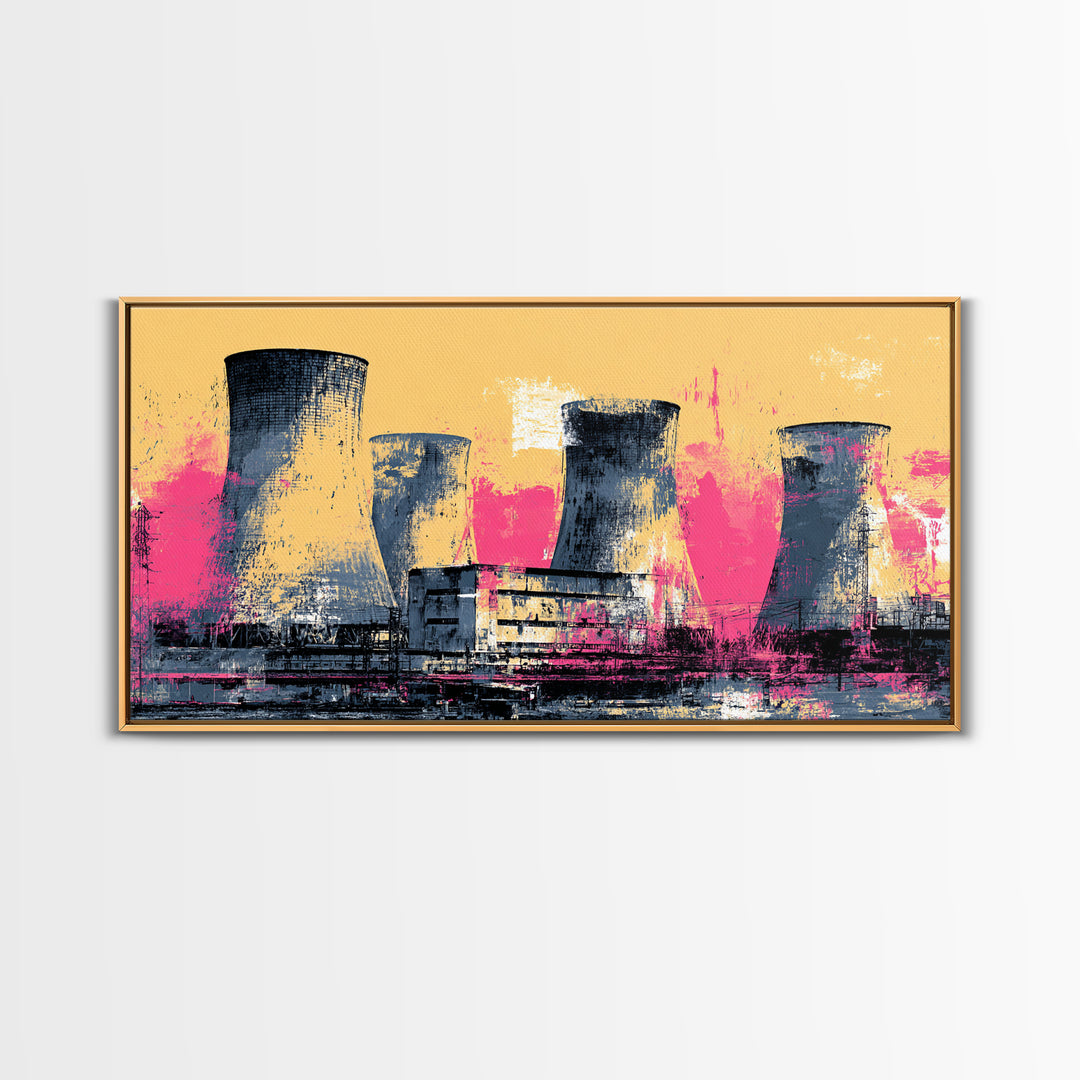 Pink Nuclear Power Plant Canvas Print, Industrial Landscape Wall Decor, Retro Modern Art Print, Bold Statement Artwork For Home Decor