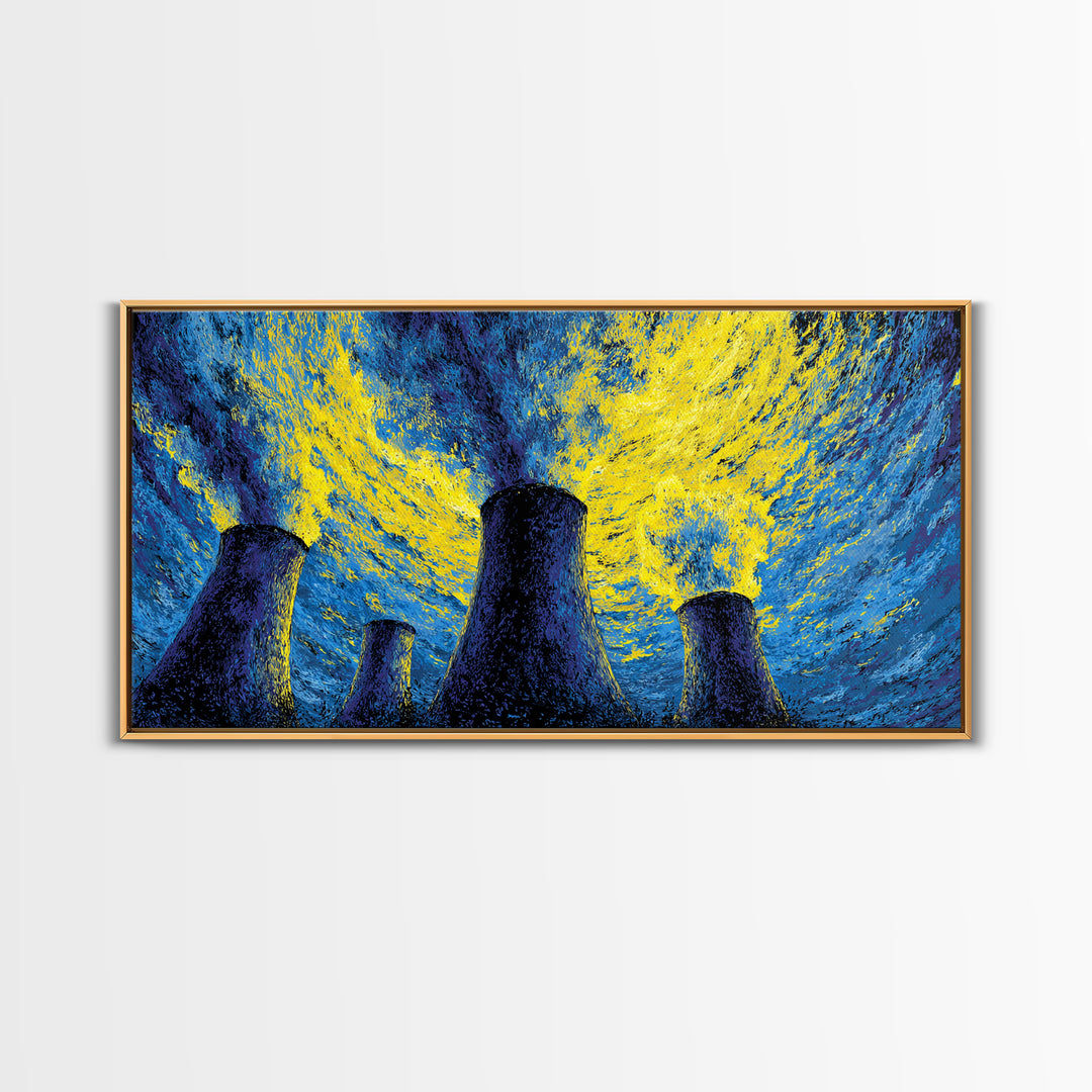 Blue Yellow Cooling Towers Canvas Print, Industrial Night Sky Wall Art, Modern Abstract Decor, Retro Sci Fi Poster Print