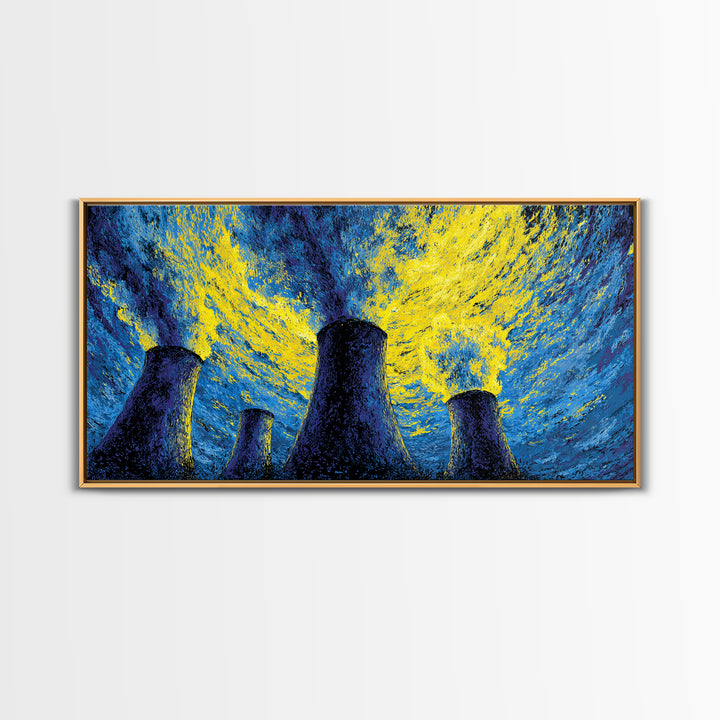 Blue Yellow Cooling Towers Canvas Print, Industrial Night Sky Wall Art, Modern Abstract Decor, Retro Sci Fi Poster Print