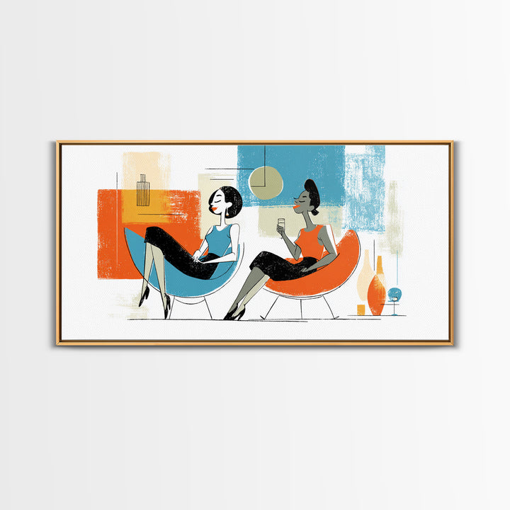 Midcentury Women Lounge Wall Art, Cocktail Chair Illustration, Retro Modern Decor, Colorful MCM Living Room Poster Art Print