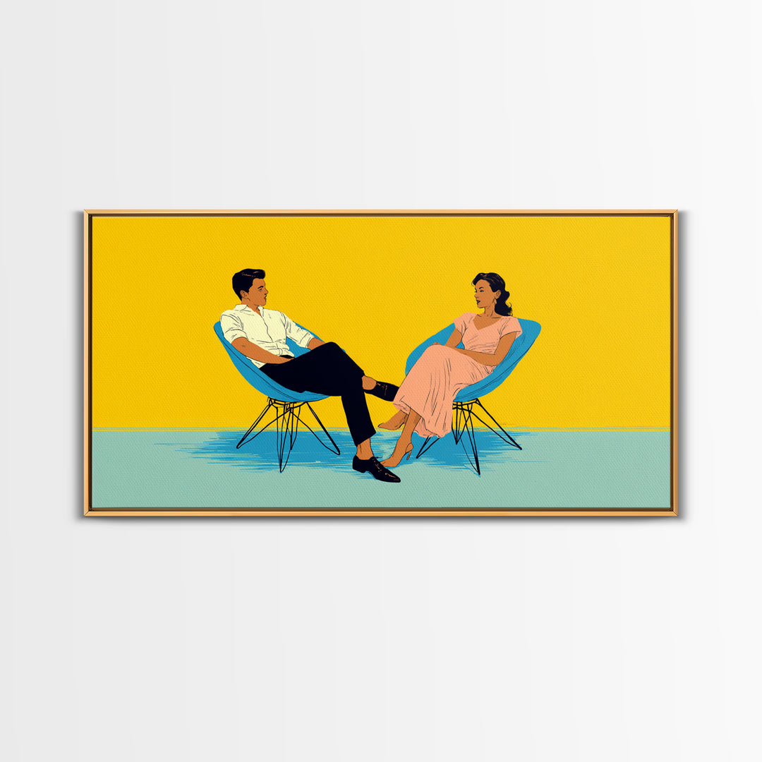 Midcentury Couple In Blue Chairs Canvas Print, Retro Modern Wall Art, MCM Lounge Decor, Colorful Living Room Poster Art Print