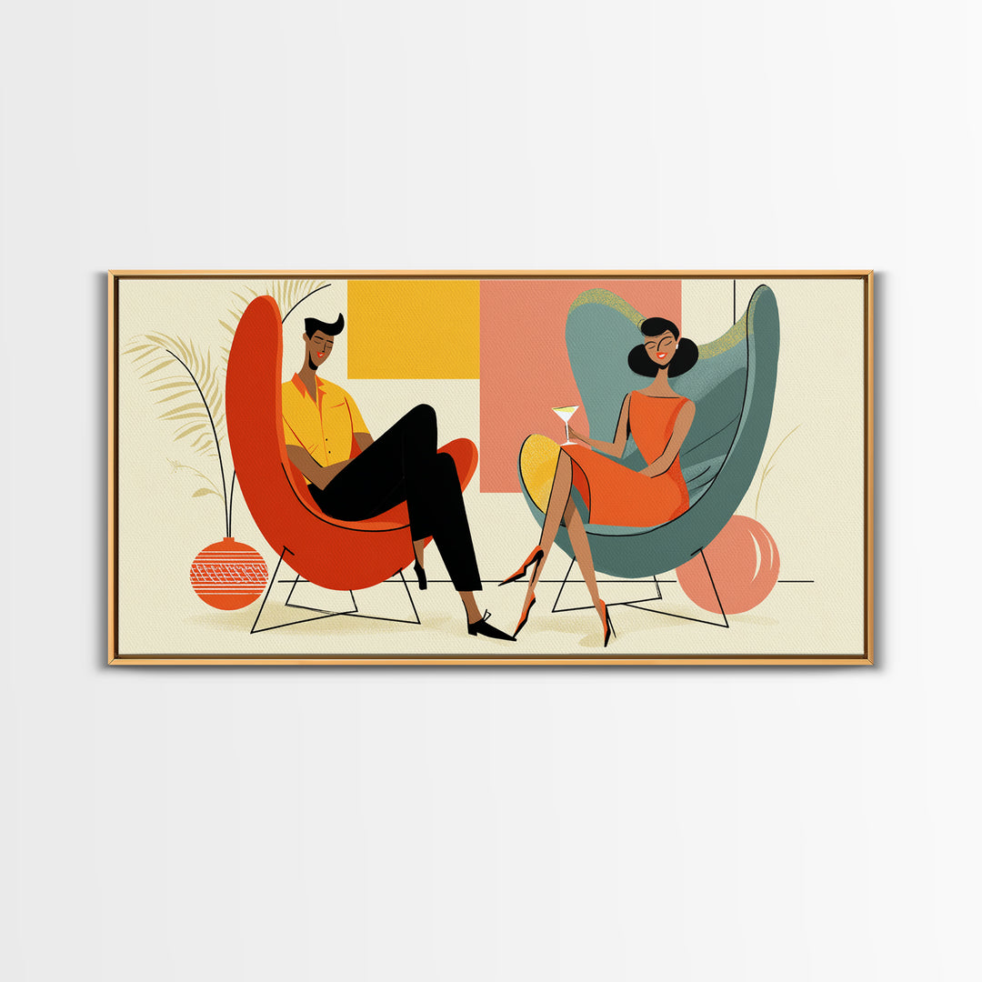 Midcentury Cocktail Lounge Framed Canvas Print, Stylish Couple Wall Art, Retro MCM Decor, Modern Living Room Poster Art Print