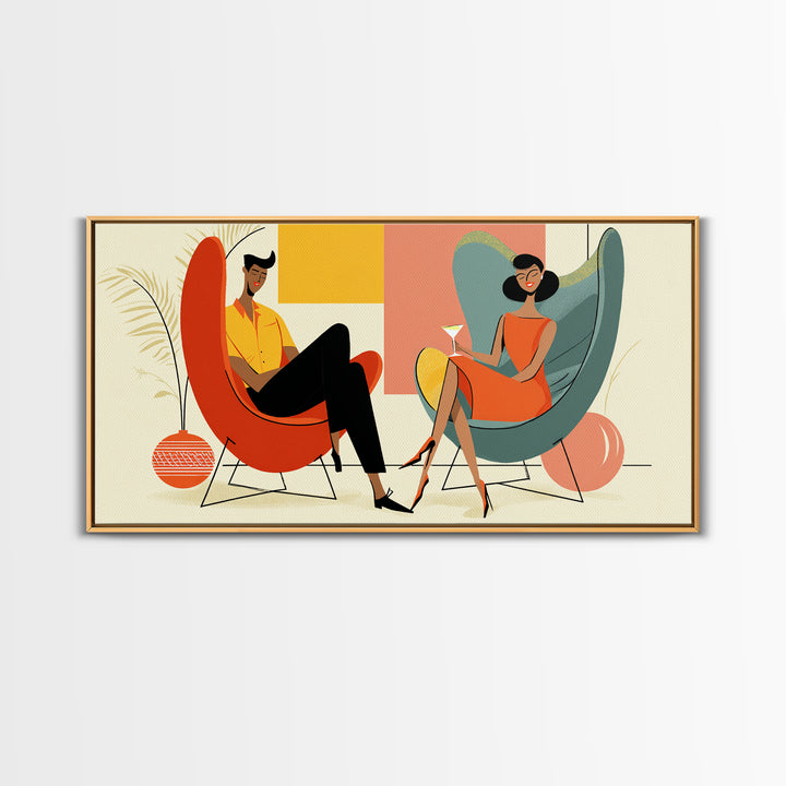 Midcentury Cocktail Lounge Framed Canvas Print, Stylish Couple Wall Art, Retro MCM Decor, Modern Living Room Poster Art Print