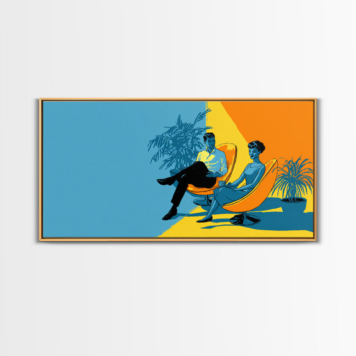 Midcentury Couple With Palm Plant Wall Art, Retro Lounge Chair Illustration, Modern MCM Decor, Colorful Home Poster Art Print