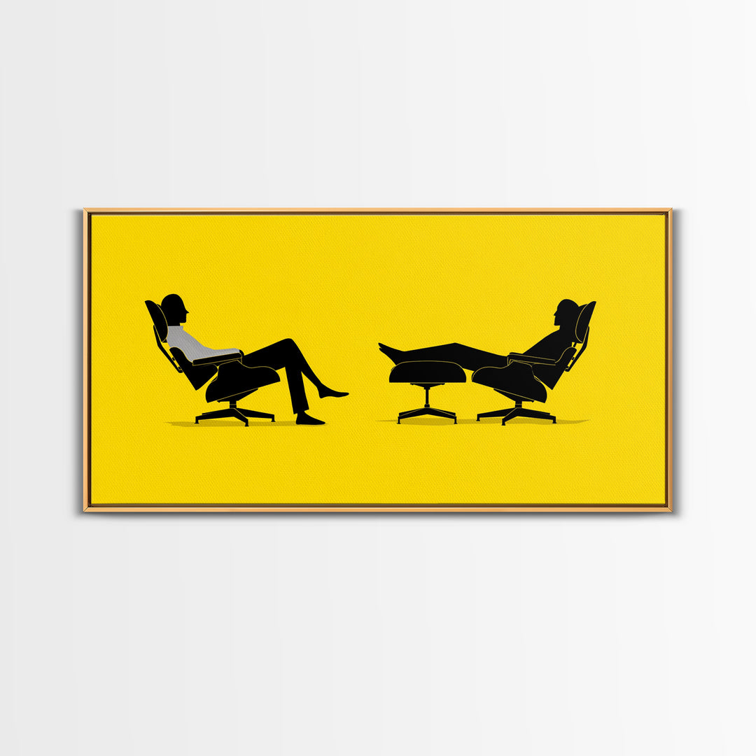 Yellow Midcentury Lounge Chairs Canvas Print, Minimal Couple Silhouette Wall Art, Retro Modern MCM Living Room Decor Poster