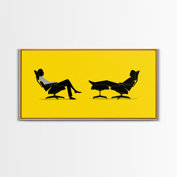 Yellow Midcentury Lounge Chairs Canvas Print, Minimal Couple Silhouette Wall Art, Retro Modern MCM Living Room Decor Poster