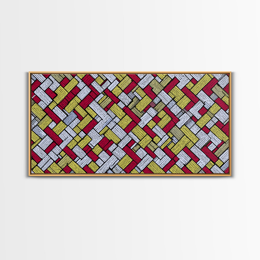 Red Yellow Herringbone Brick Pattern Canvas Print, Retro Geometric Wall Art, Mid Century Modern Decor For Kitchen Office