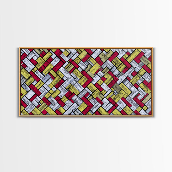Red Yellow Herringbone Brick Pattern Canvas Print, Retro Geometric Wall Art, Mid Century Modern Decor For Kitchen Office