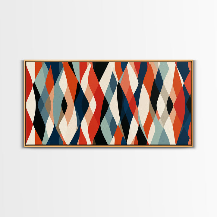 Red Teal Cream Wavy Diamond Pattern Framed Canvas Print, Retro Modern Abstract Wall Art, Mid Century Decor For Living Room