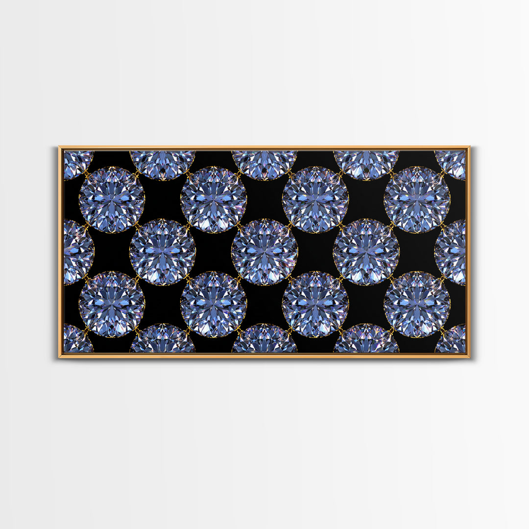 Blue Diamond Gemstone Circle Pattern Framed Canvas Print, Glam Modern Wall Art, Geometric Decor For Bedroom Vanity Office