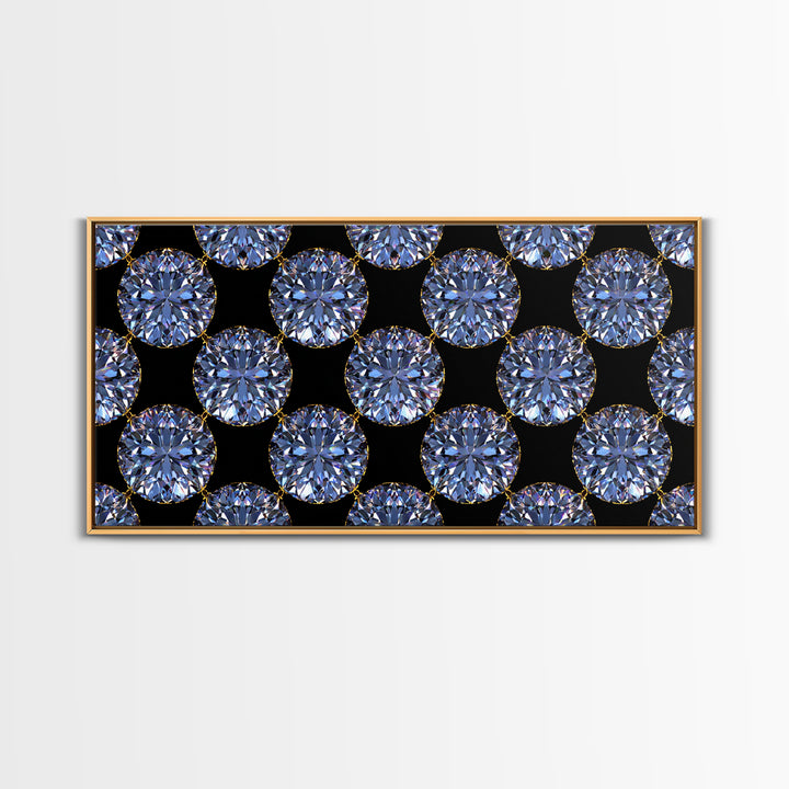 Blue Diamond Gemstone Circle Pattern Framed Canvas Print, Glam Modern Wall Art, Geometric Decor For Bedroom Vanity Office
