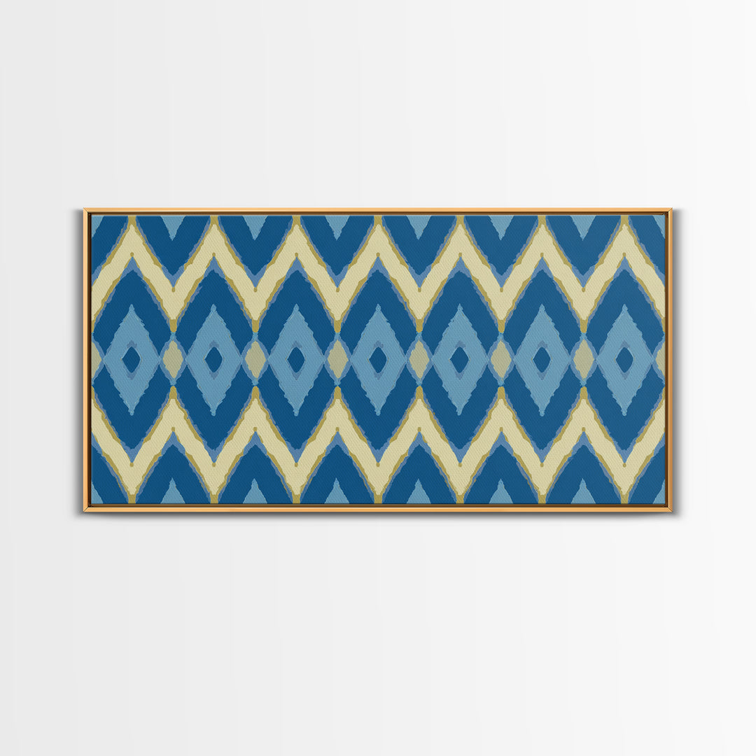 Blue Gold Ikat Chevron Diamond Wall Art, Scandinavian Modern Geometric Print, Mid Century Decor For Bedroom Living Room Home