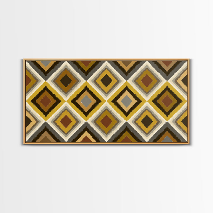 Brown Gold Gray Retro Diamond Pattern Canvas Print, Mid Century Modern Wall Art, Geometric MCM Decor For Living Room Office