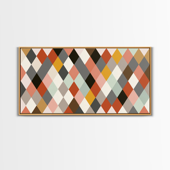 Pastel Orange Gray Harlequin Diamond Wall Art, Mid Century Modern Abstract Print, Geometric MCM Decor For Living Room Office