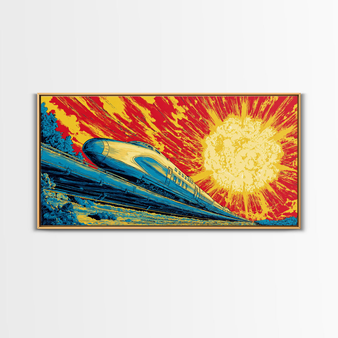 Streamlined Bullet Train Canvas Print, Blazing Solar Sky Poster, Retro Sci Fi Travel Art, Midcentury Modern Wall Decor, MCM