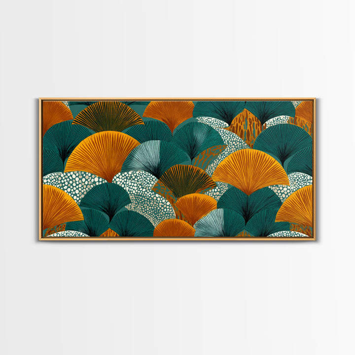 Ginkgo Fan Leaves In Teal Mustard And Aqua Canvas Print, Midcentury Modern Botanical Wall Art, Art Deco Pattern Decor Poster