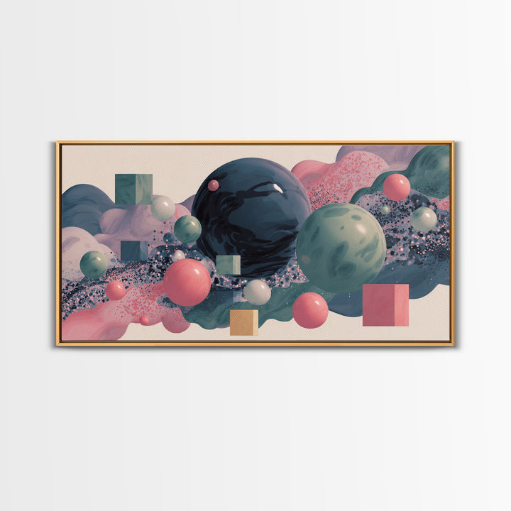 Pastel 3D Spheres And Abstract Cloudscape Framed Canvas Print, Midcentury Modern Wall Art, Retro Modern Home Decor, Gallery Wall Decor