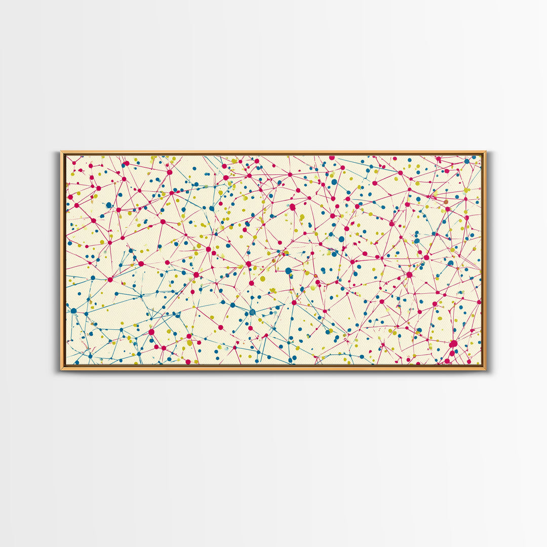 Pink Teal Yellow Connected Dot Pattern Canvas Print, Midcentury Modern Abstract Wall Art, Colorful Geometric Home Office Decor