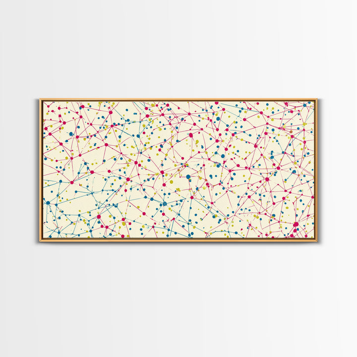 Pink Teal Yellow Connected Dot Pattern Canvas Print, Midcentury Modern Abstract Wall Art, Colorful Geometric Home Office Decor