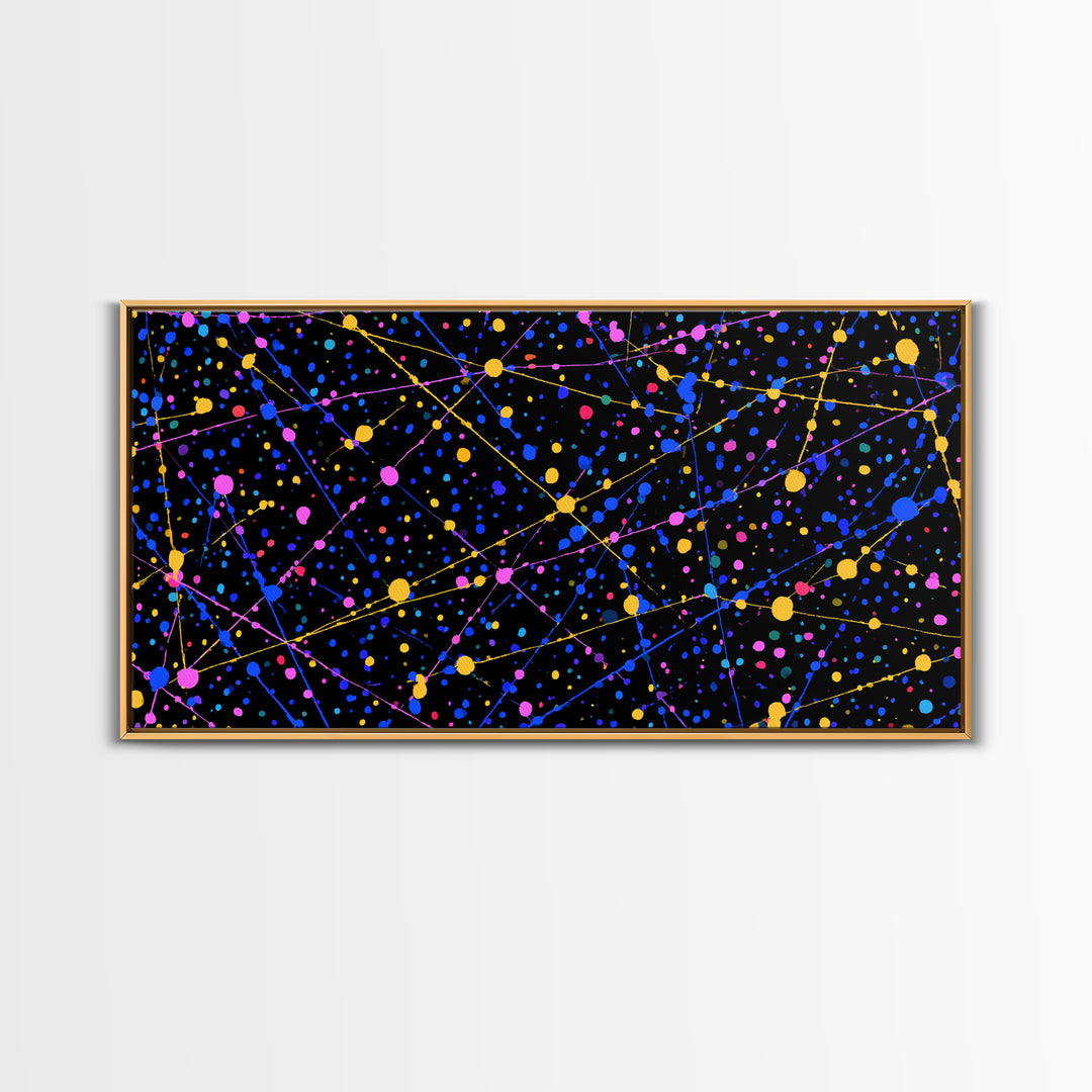 Black Cosmic Splatter Network With Pink Blue Gold Dots Wall Art, Retro Modern Abstract Art Print, Space Abstract Living Room Decor