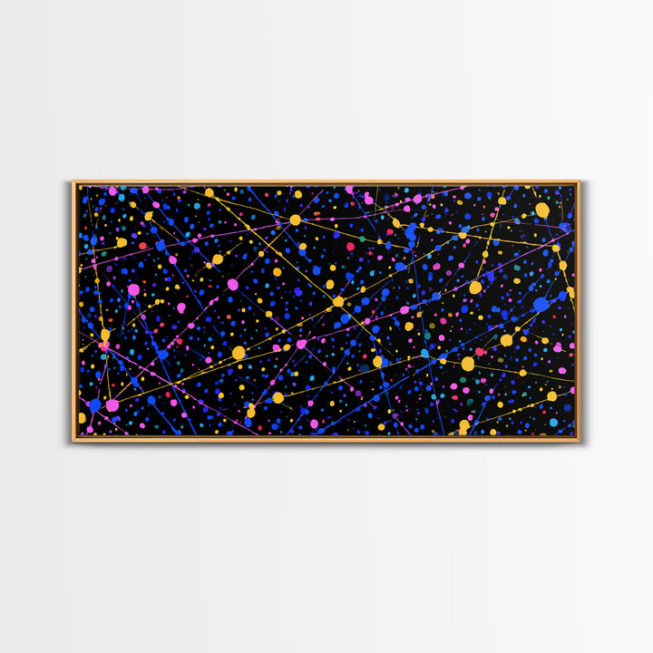 Black Cosmic Splatter Network With Pink Blue Gold Dots Wall Art, Retro Modern Abstract Art Print, Space Abstract Living Room Decor